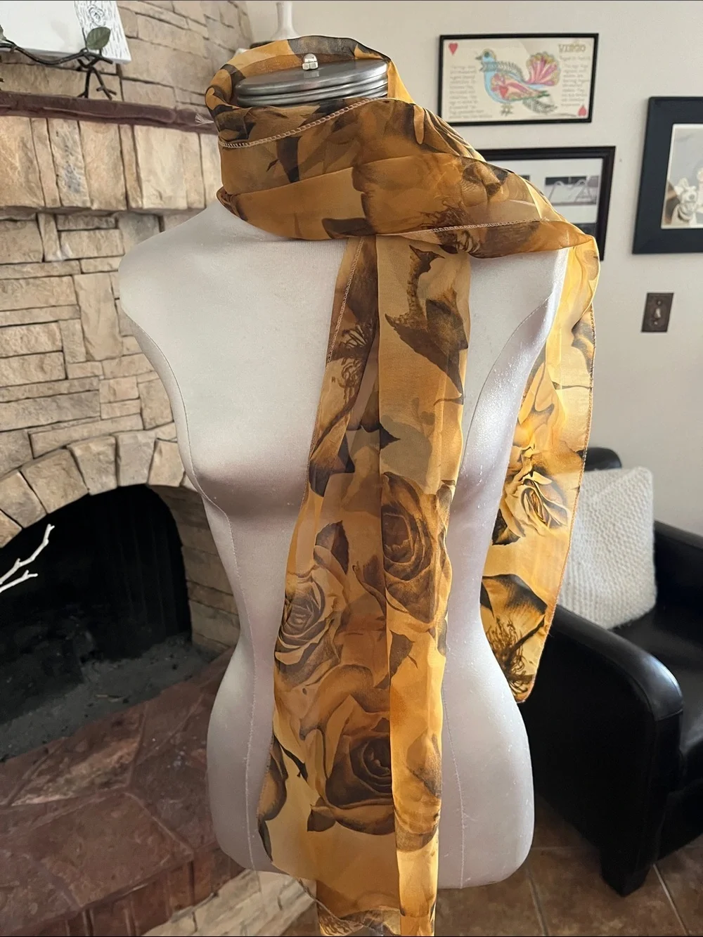 Tan Brown Floral Lightweight Nylon Scarf